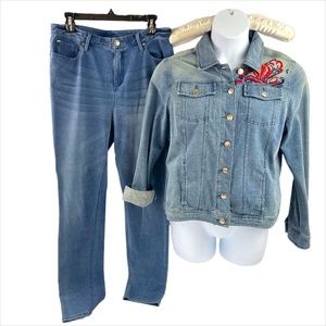 Chico's Zenergy Embroidered Denim Jacket and Jean Set